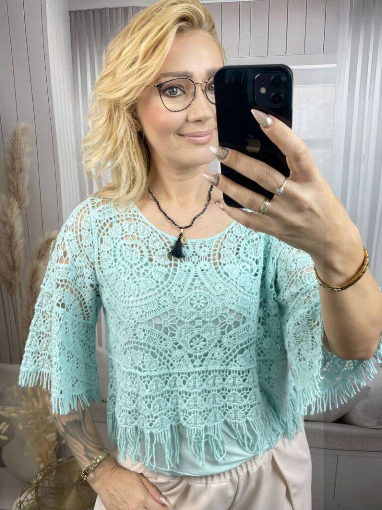 Sweter Ażurowy z Dzwonkowym Rękawem - Mięta