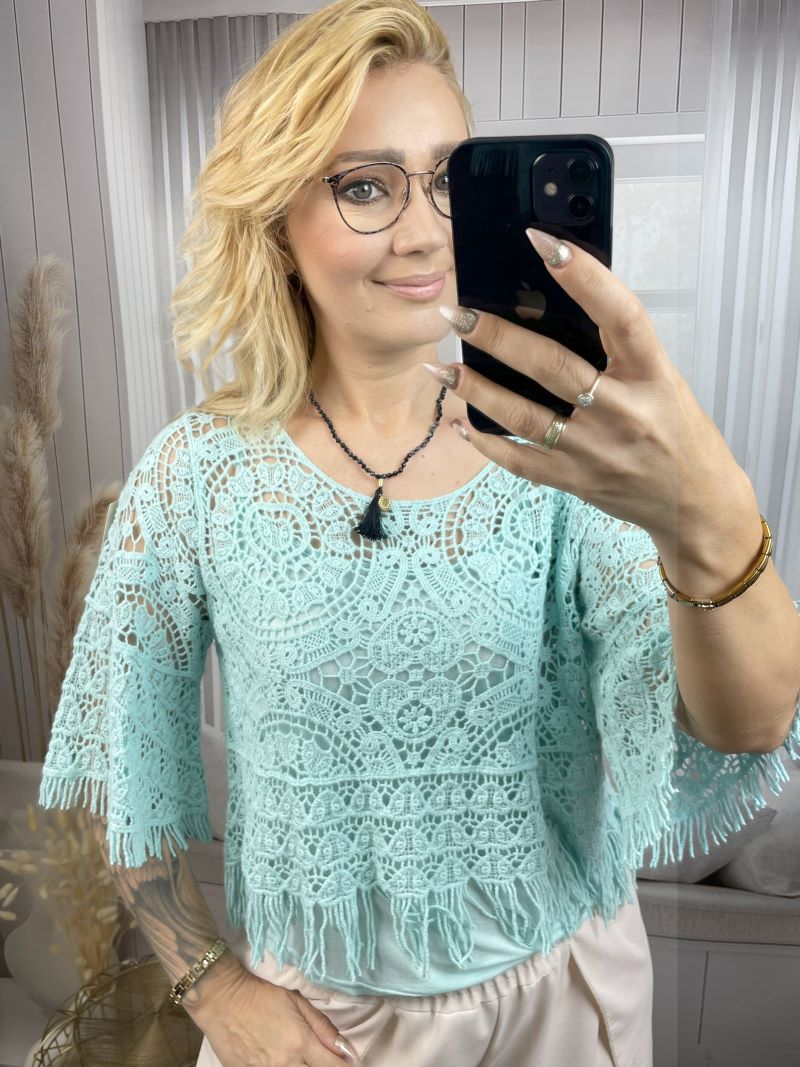 Sweter Ażurowy z Dzwonkowym Rękawem - Mięta Sweter Ażurowy z Dzwonkowym Rękawem - Mięta