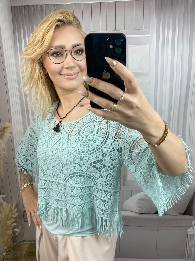 Sweter Ażurowy z Dzwonkowym Rękawem - Mięta Sweter Ażurowy z Dzwonkowym Rękawem - Mięta