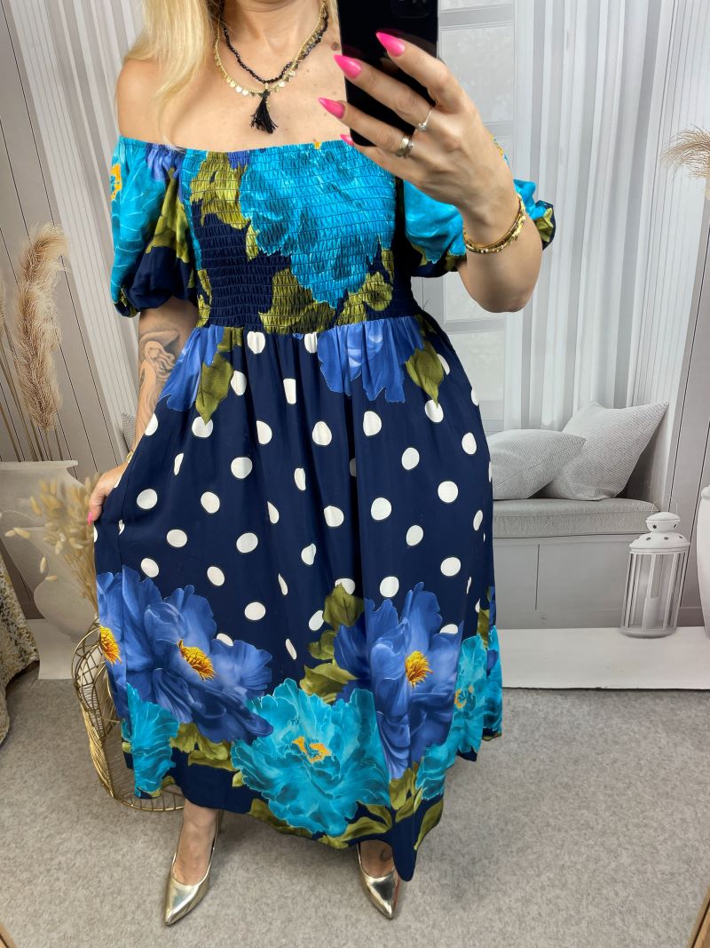 Sukienka Hiszpanka Maxi w Grochy - Granat Sukienka Hiszpanka Maxi w Grochy - Granat