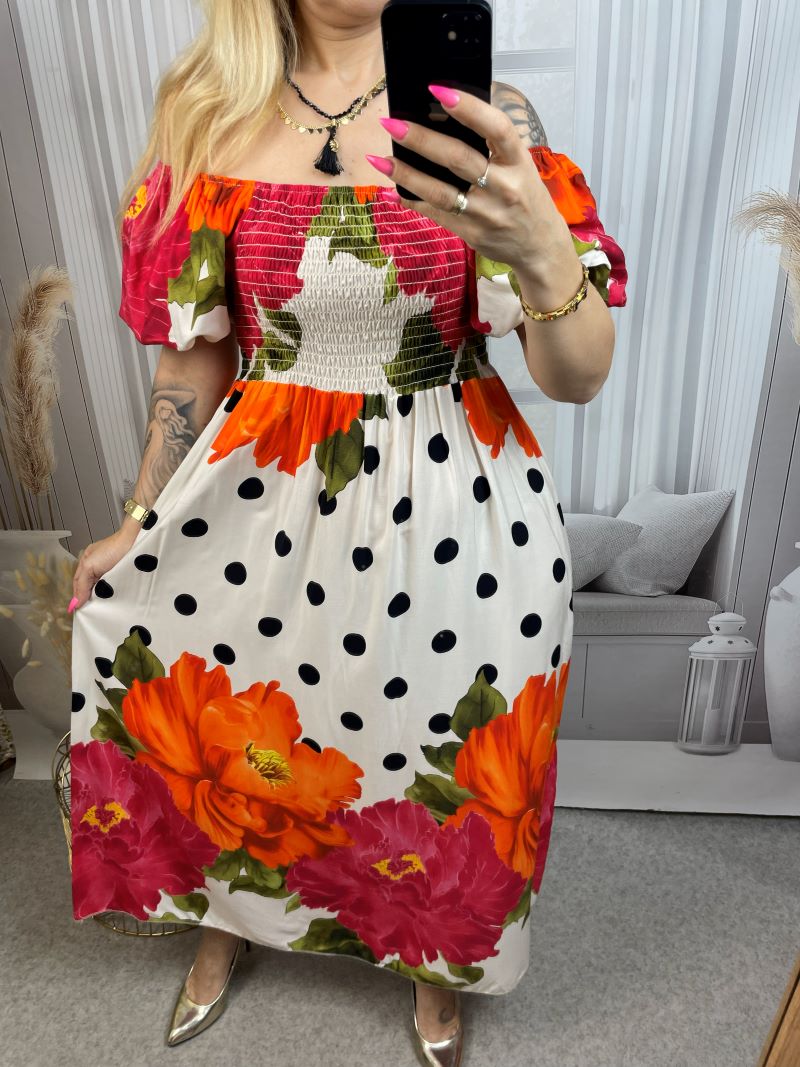 Sukienka Hiszpanka Maxi w Grochy - Śmietanka Sukienka Hiszpanka Maxi w Grochy - Śmietanka