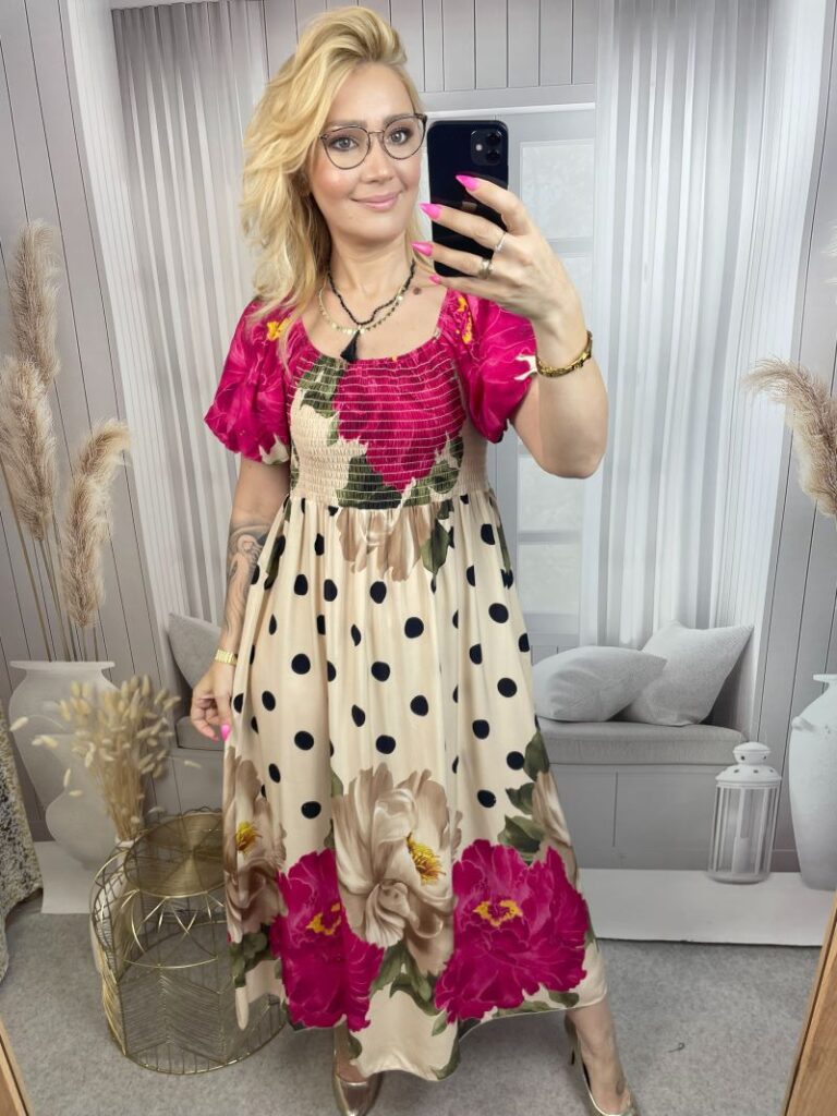 Sukienka Hiszpanka  Maxi w Grochy  - Ecru
