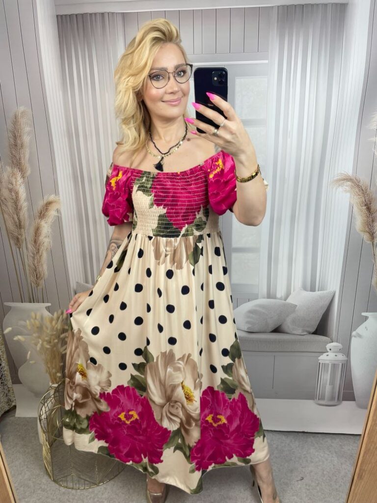 Sukienka Hiszpanka  Maxi w Grochy  - Ecru