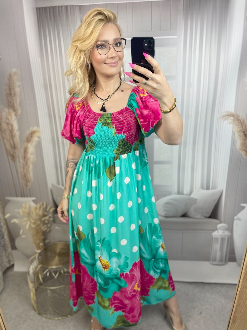Sukienka Hiszpanka Maxi w Grochy - Turkus Sukienka Hiszpanka Maxi w Grochy - Turkus