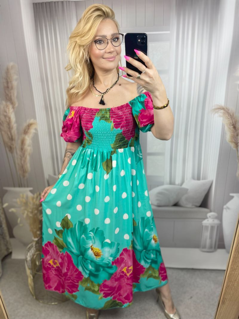 Sukienka Hiszpanka Maxi w Grochy - Turkus Sukienka Hiszpanka Maxi w Grochy - Turkus