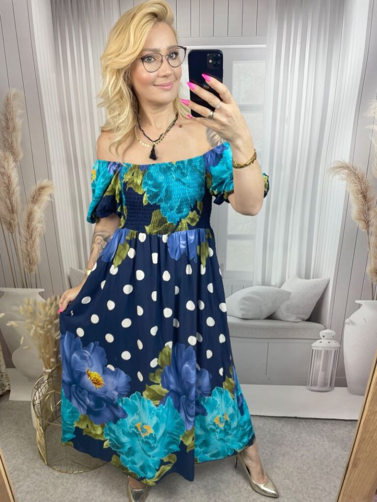 Sukienka Hiszpanka  Maxi w Grochy  - Granat