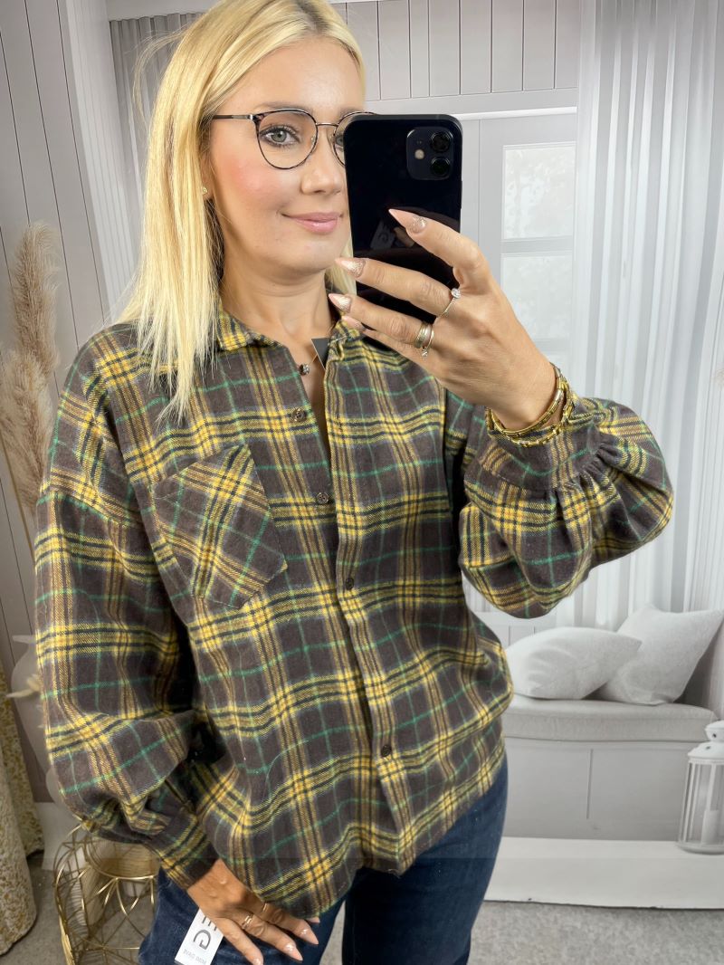 Flanelowa Koszulka w Kratę - Czekolada z Żółtym Flanelowa Koszulka w Kratę - Czekolada z Żółtym
