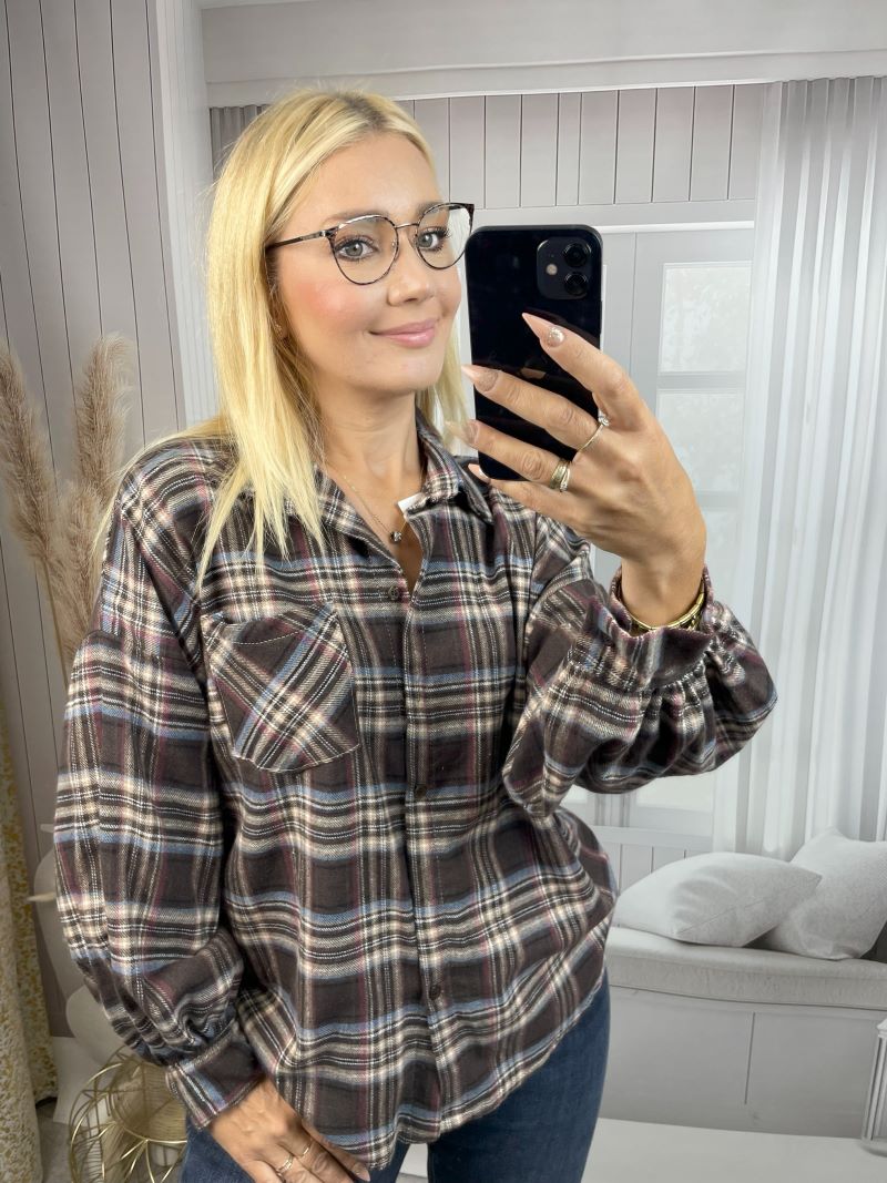 Flanelowa Koszulka w Kratę - Czekolada z Błękitem Flanelowa Koszulka w Kratę - Czekolada z Błękitem