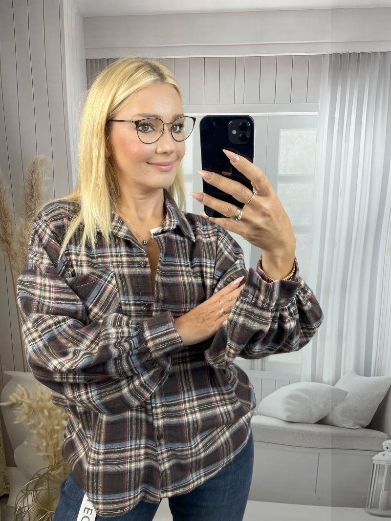 Flanelowa Koszulka w Kratę - Czekolada z Błękitem Flanelowa Koszulka w Kratę - Czekolada z Błękitem