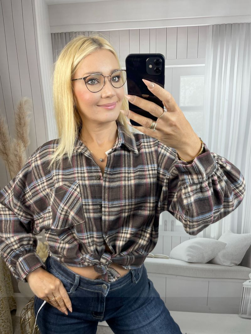 Flanelowa Koszulka w Kratę - Czekolada z Błękitem Flanelowa Koszulka w Kratę - Czekolada z Błękitem