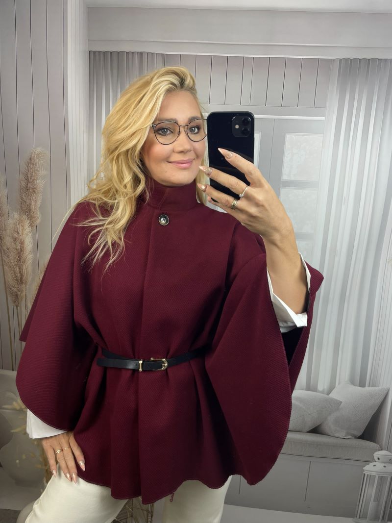 Ponczo Z Paskiem - Bordo Ponczo Z Paskiem - Bordo