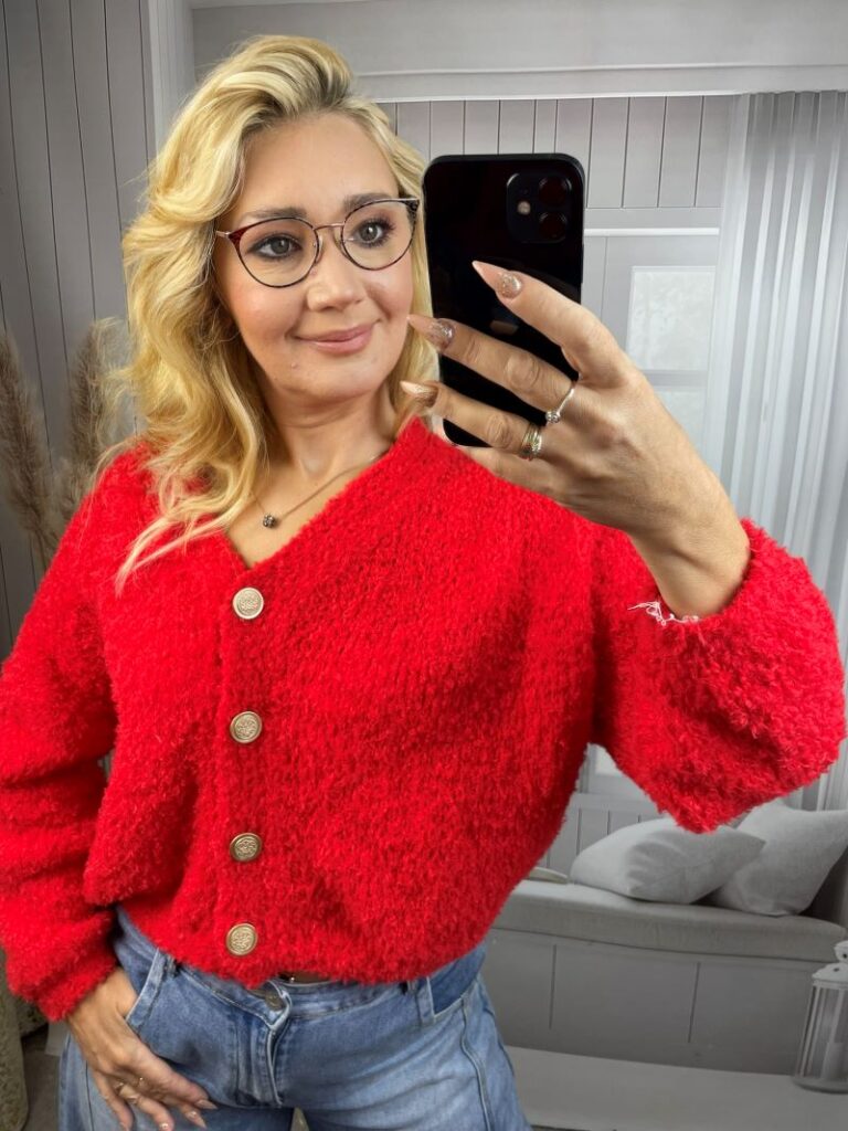 Sweter Zapinany z Moherem - Czerwień