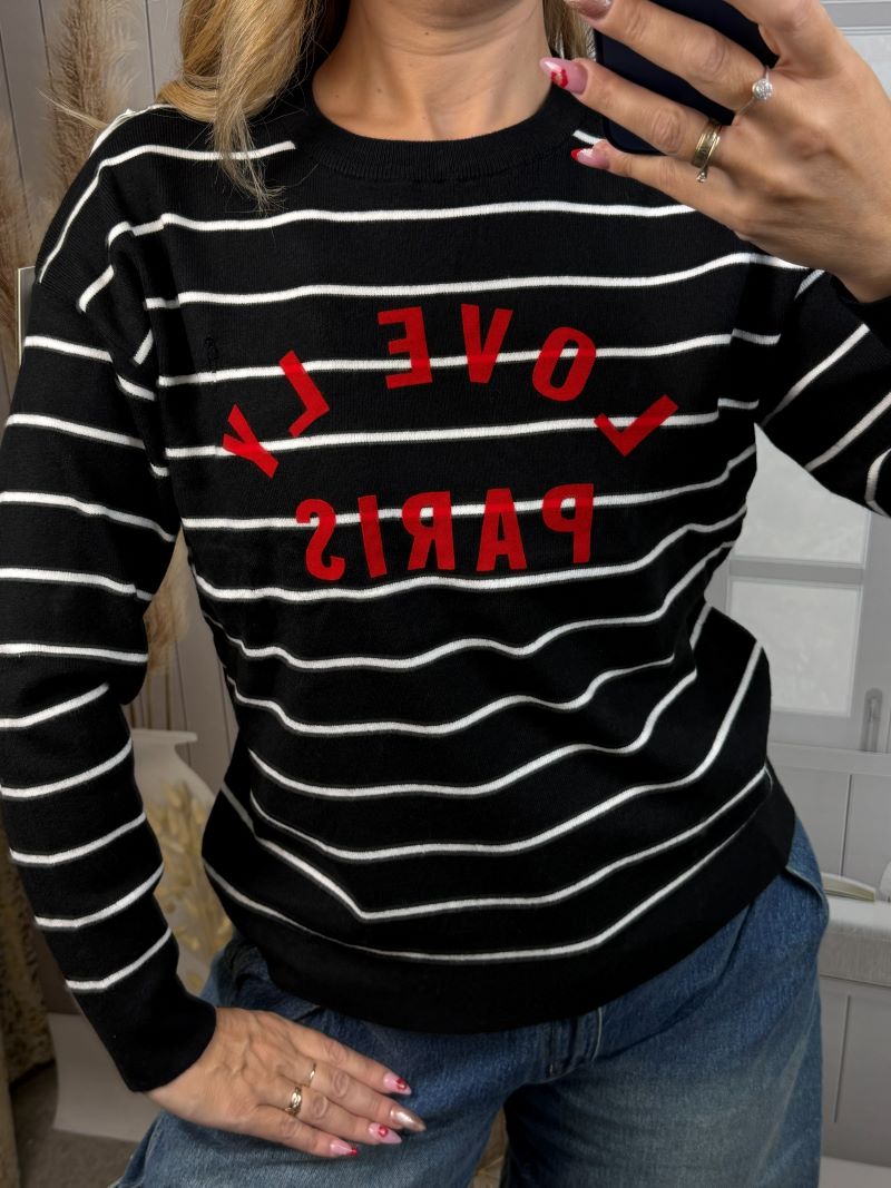 Sweter w Pasy z Napisem - Czarny Sweter w Pasy z Napisem - Czarny