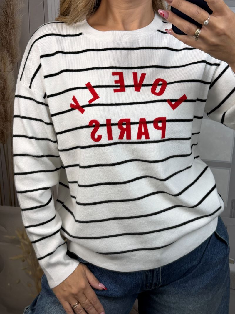 Sweter w Pasy z Napisem - Biały Sweter w Pasy z Napisem - Biały